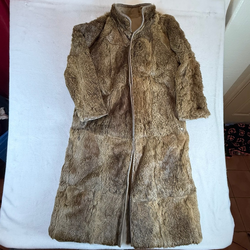 Vintage 70s 80s Reversible Genuine Rabbit Fur Coat Long Khaki Trench Women L XL